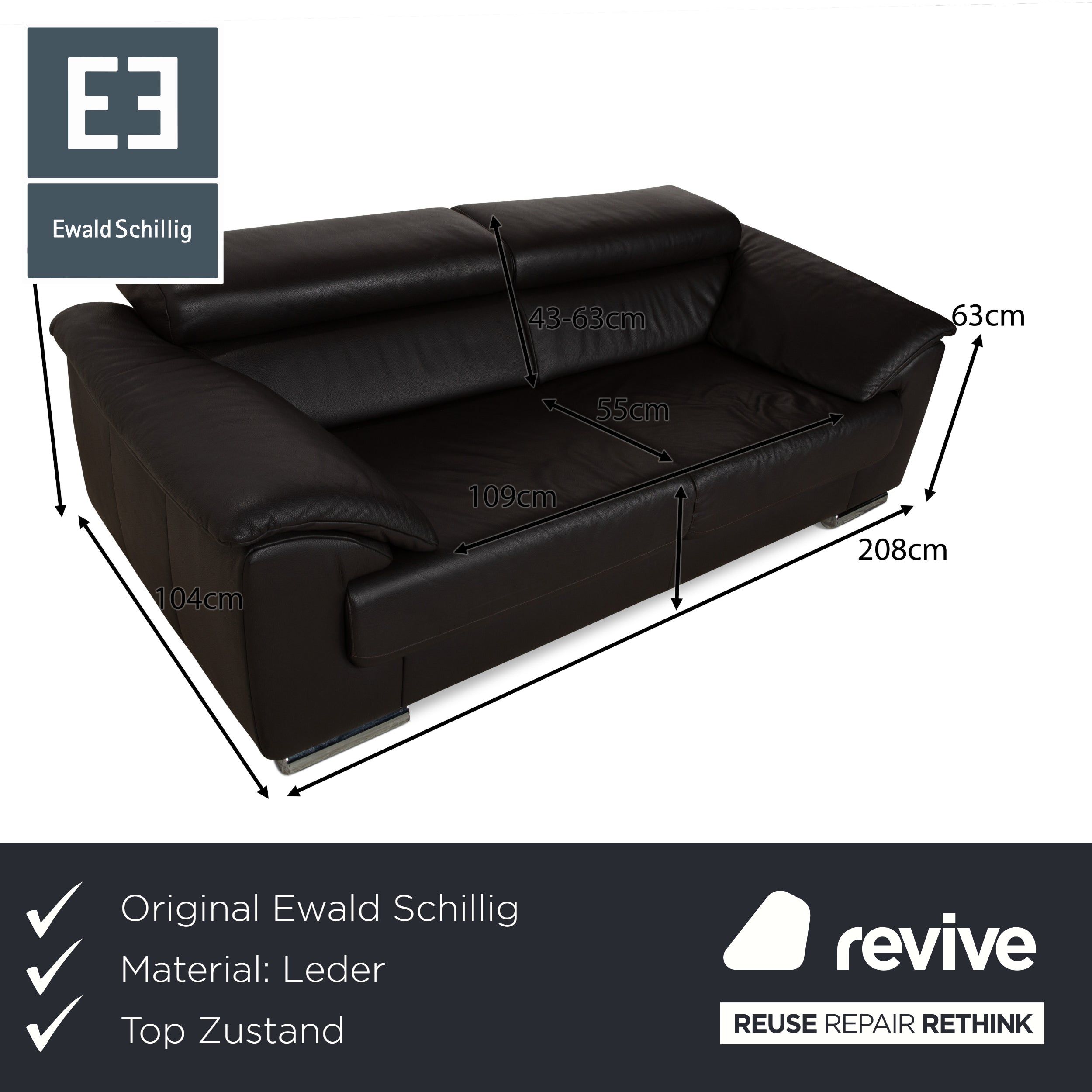 Ewald Schillig Brand Blues Leather Two-Seater Dark Grey Brown Sofa Couch manual function