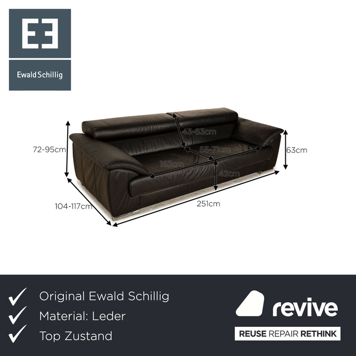 Ewald Schillig Brand Blues Leather Three-Seater Black Manual Function Sofa Couch