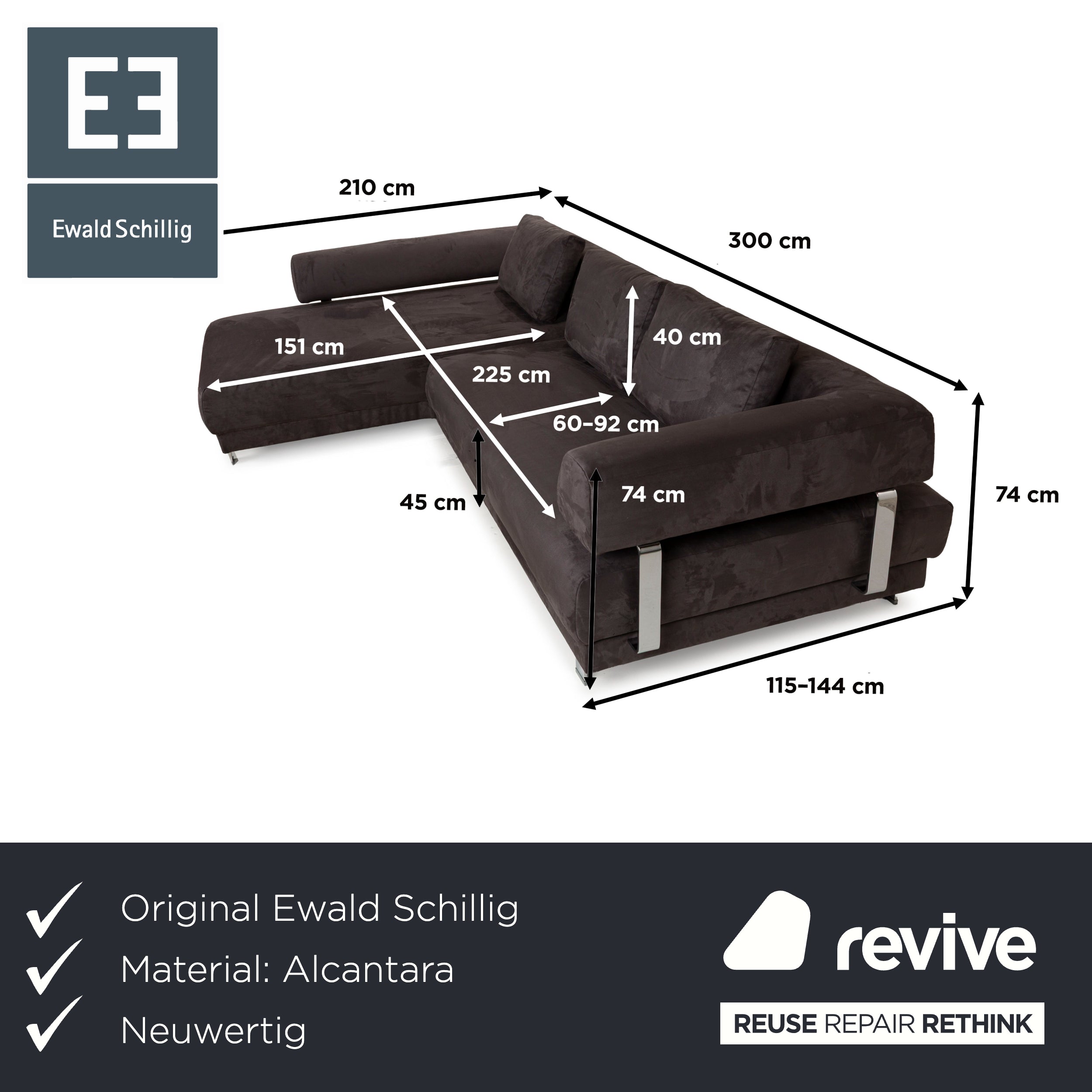 Ewald Schillig Brand Face Stoff Ecksofa Grau Recamiere links Sofa Couch manuelle Funktion Neubezug