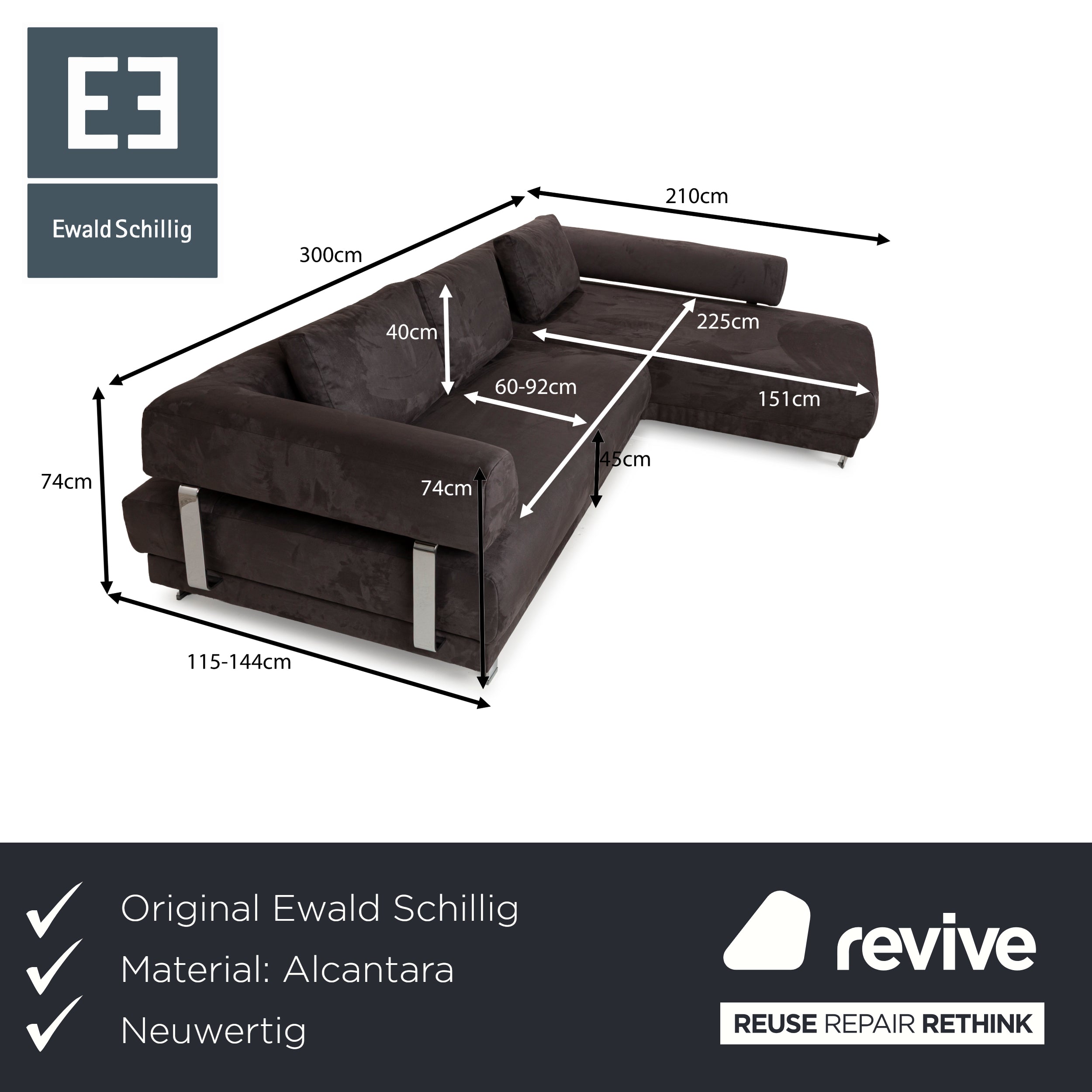 Ewald Schillig Brand Face Alcantara Stoff Ecksofa Grau Recamiere Rechts Sofa Couch manuelle Funktion Neubezug
