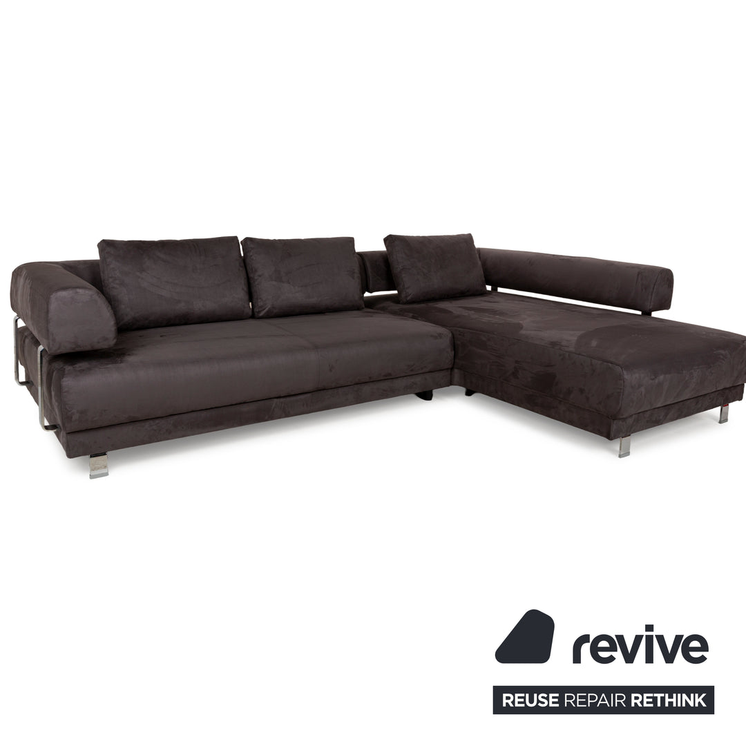 Canapé d'angle Ewald Schillig Brand Face en tissu Alcantara gris avec méridienne droite, fonction manuelle, réfection de revêtement