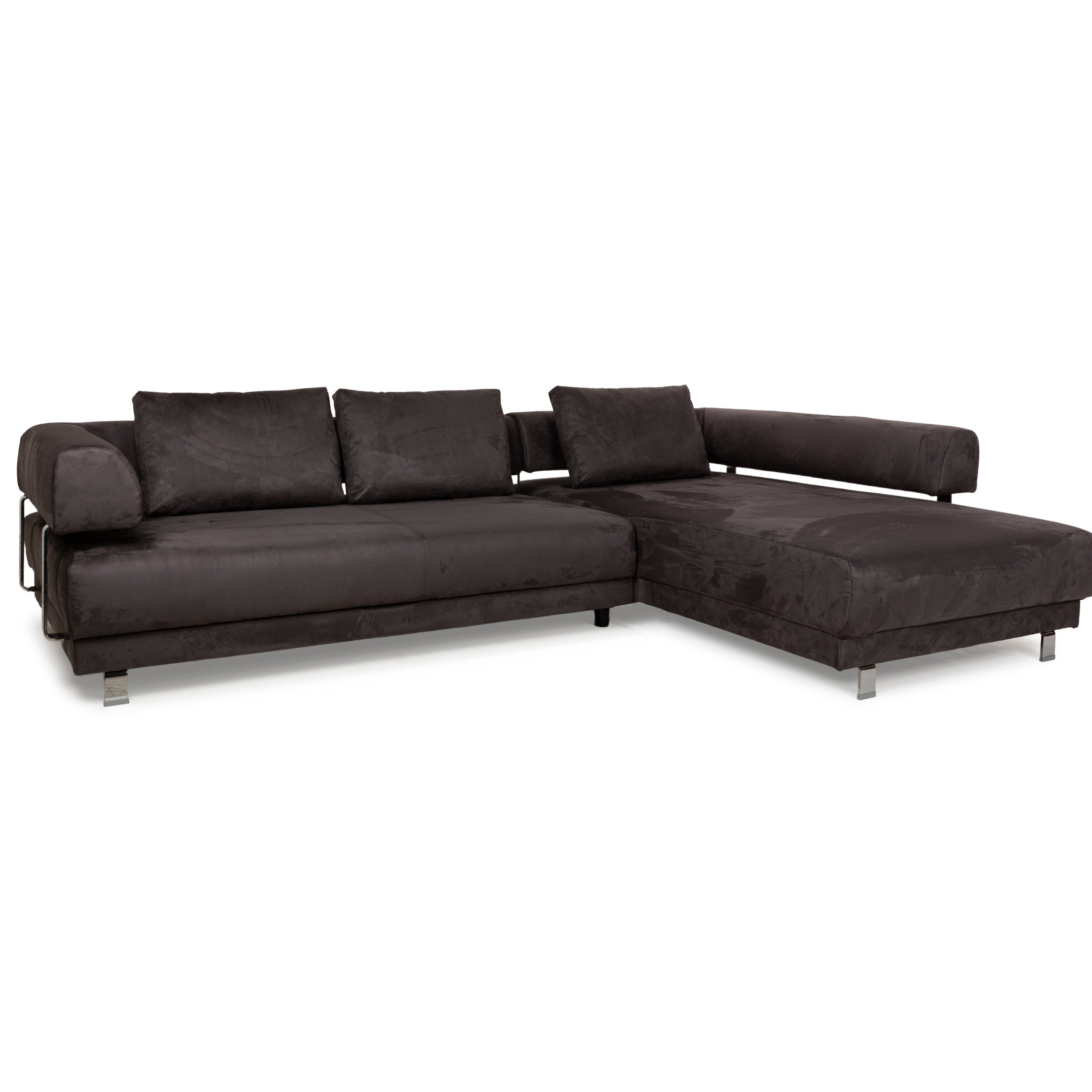 Canapé d'angle Ewald Schillig Brand Face en tissu Alcantara gris avec méridienne droite, fonction manuelle, réfection de revêtement