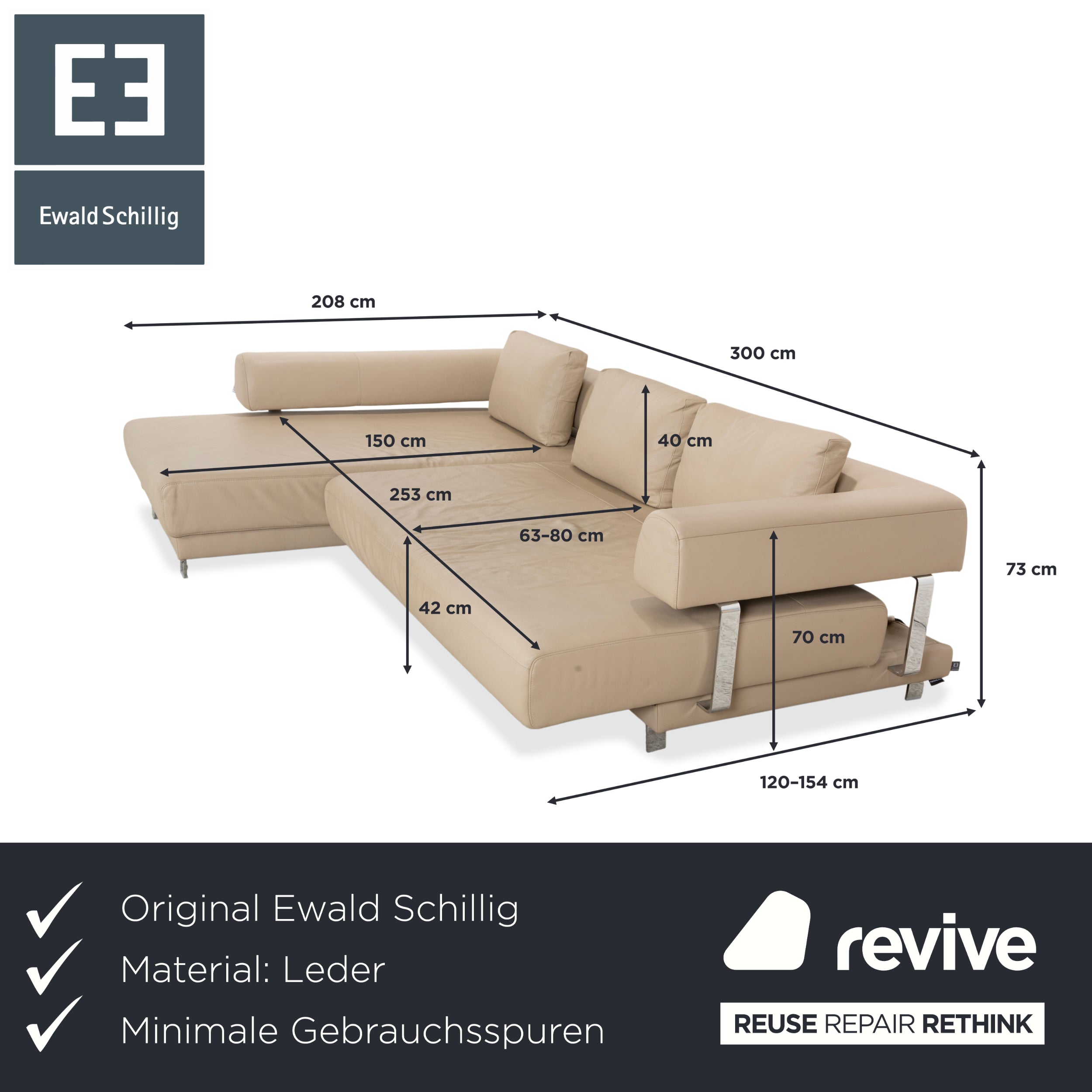 Ewald Schillig Brand Face Leder Ecksofa Beige Creme Sand Sofa Couch elektrische Funktion