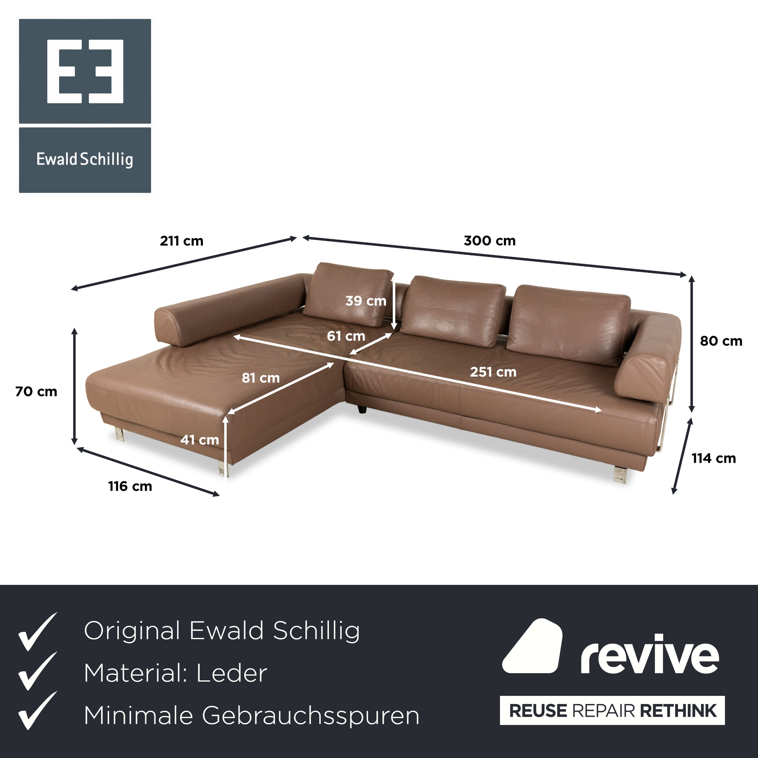 Ewald Schillig Brand Face Leather Corner Sofa Brown Cappuccino Coffee Récamière left