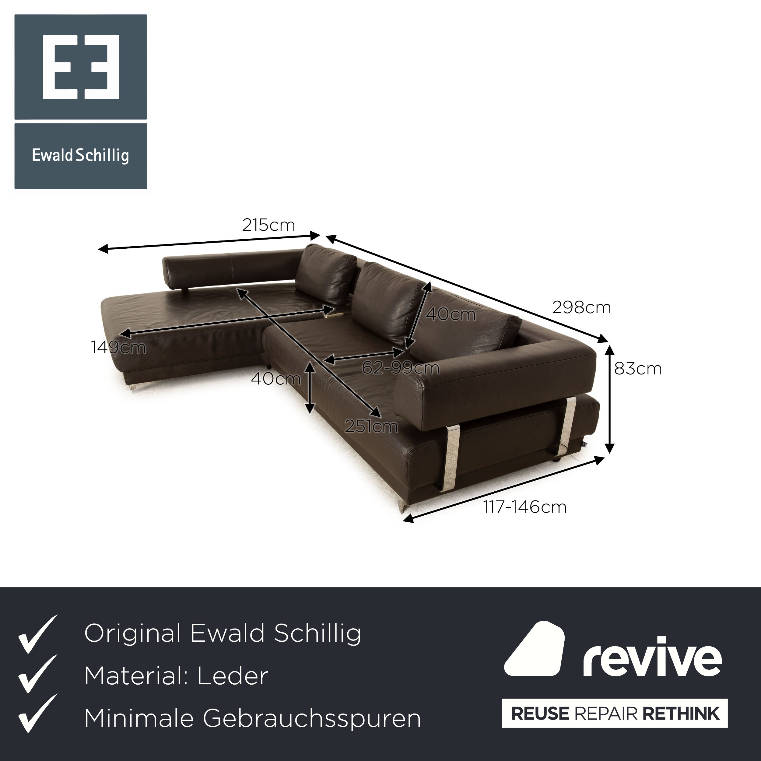 Ewald Schillig Brand Face Leather Corner Sofa Brown Recamiere Left Cappuccino Electric Function