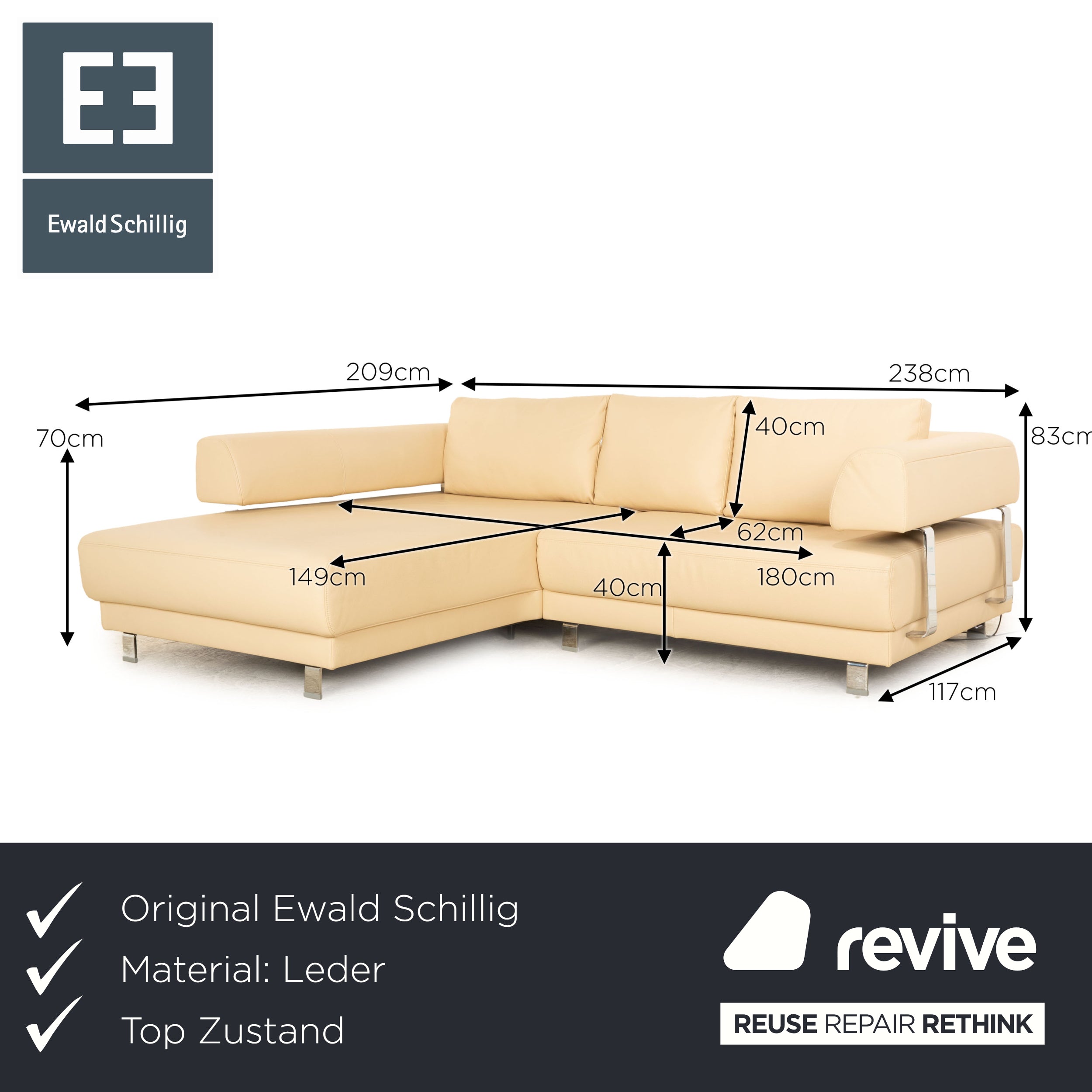 Ewald Schillig Brand Face Leather Corner Sofa Cream Recamiere Left Electric Function Sofa Couch