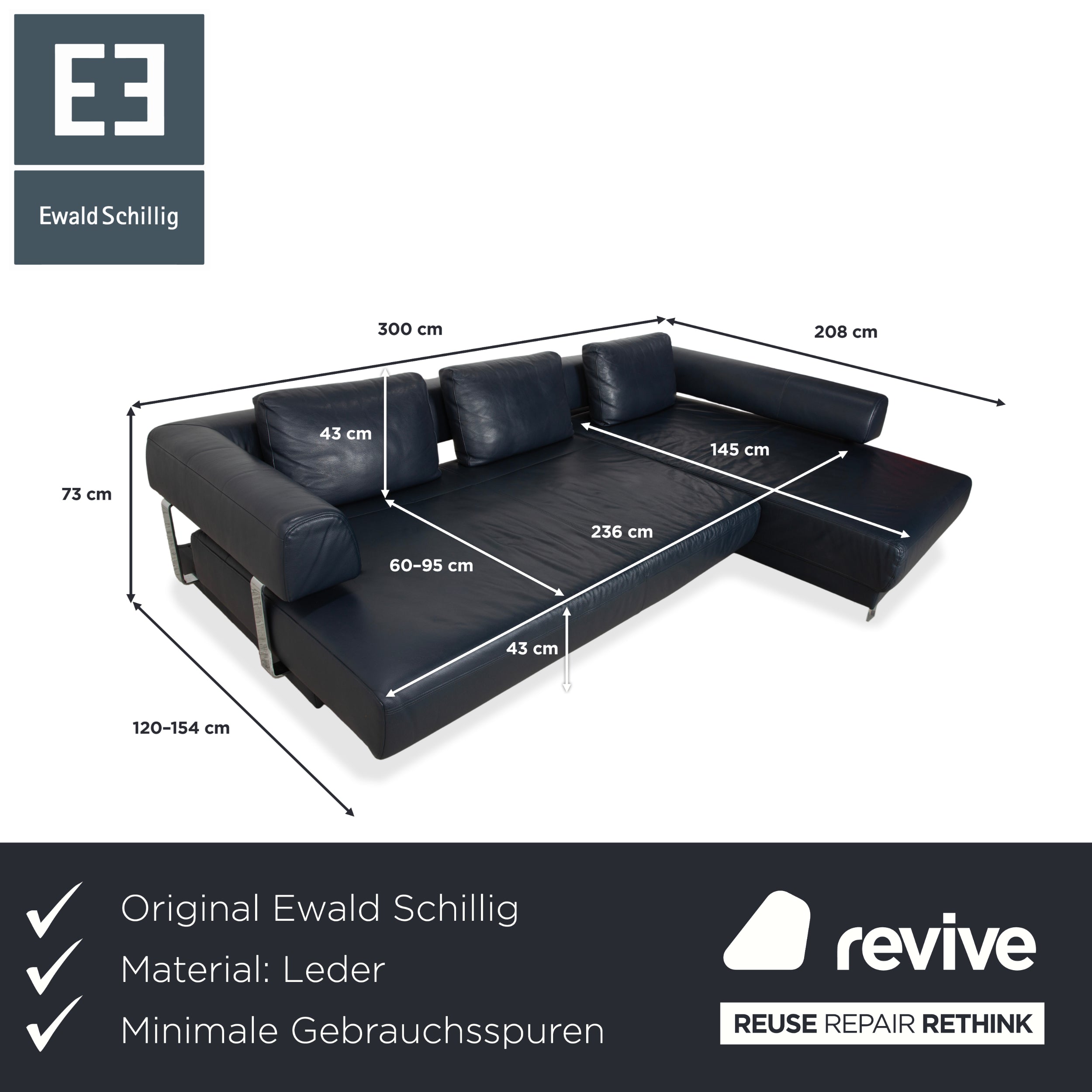 Ewald Schillig Brand Face Leder Ecksofa Dunkelblau elektrische Funktion Sofa Couch