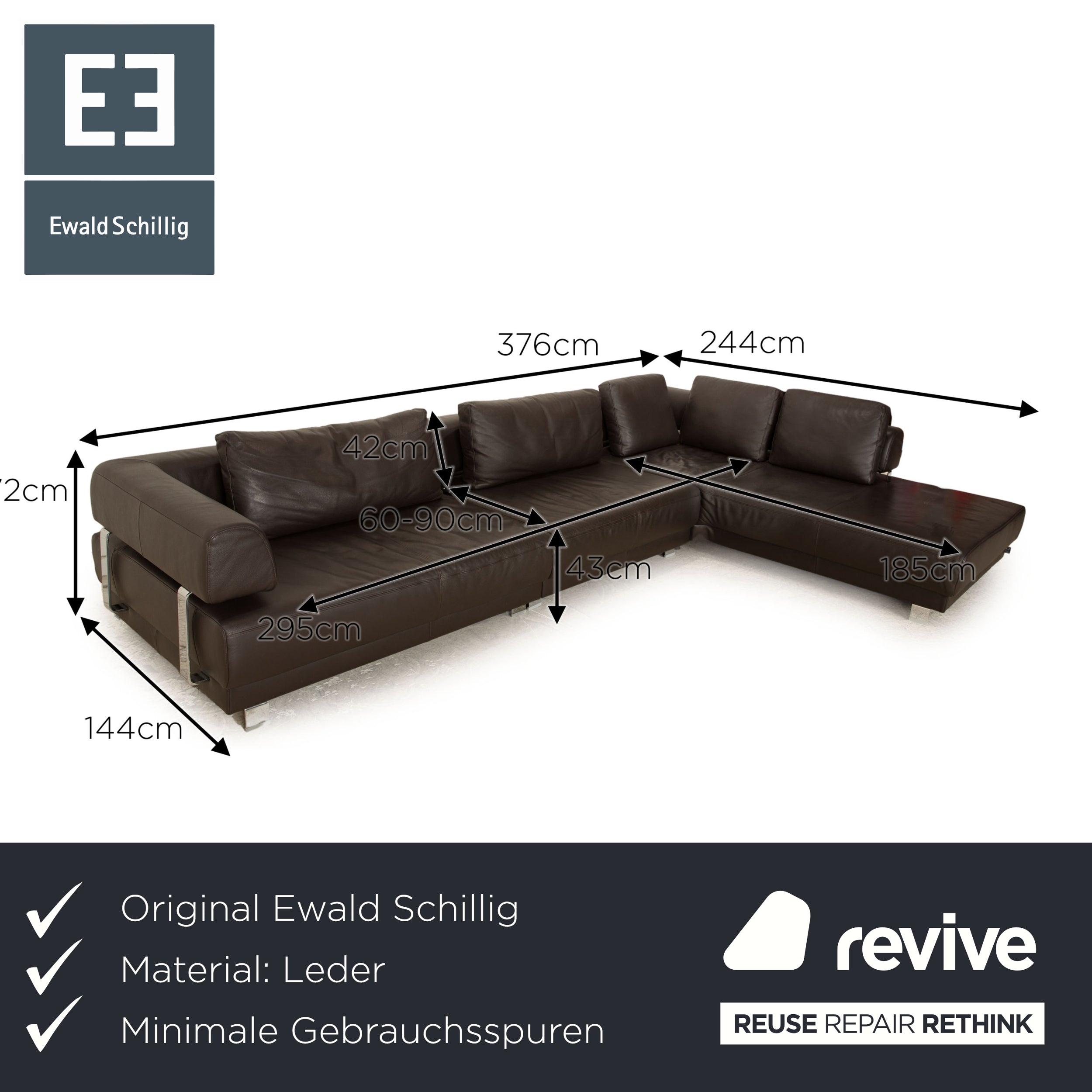 Ewald Schillig Brand Face Leather Corner Sofa Dark Brown Espresso Sofa Couch Electric Function