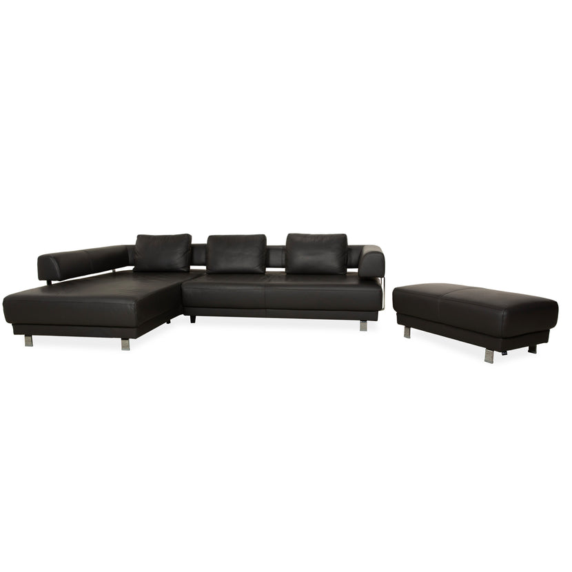 Ensemble de canapé d'angle en cuir Ewald Schillig Brand Face avec tabouret, gris foncé, marron ardoise, chaise longue, canapé gauche
