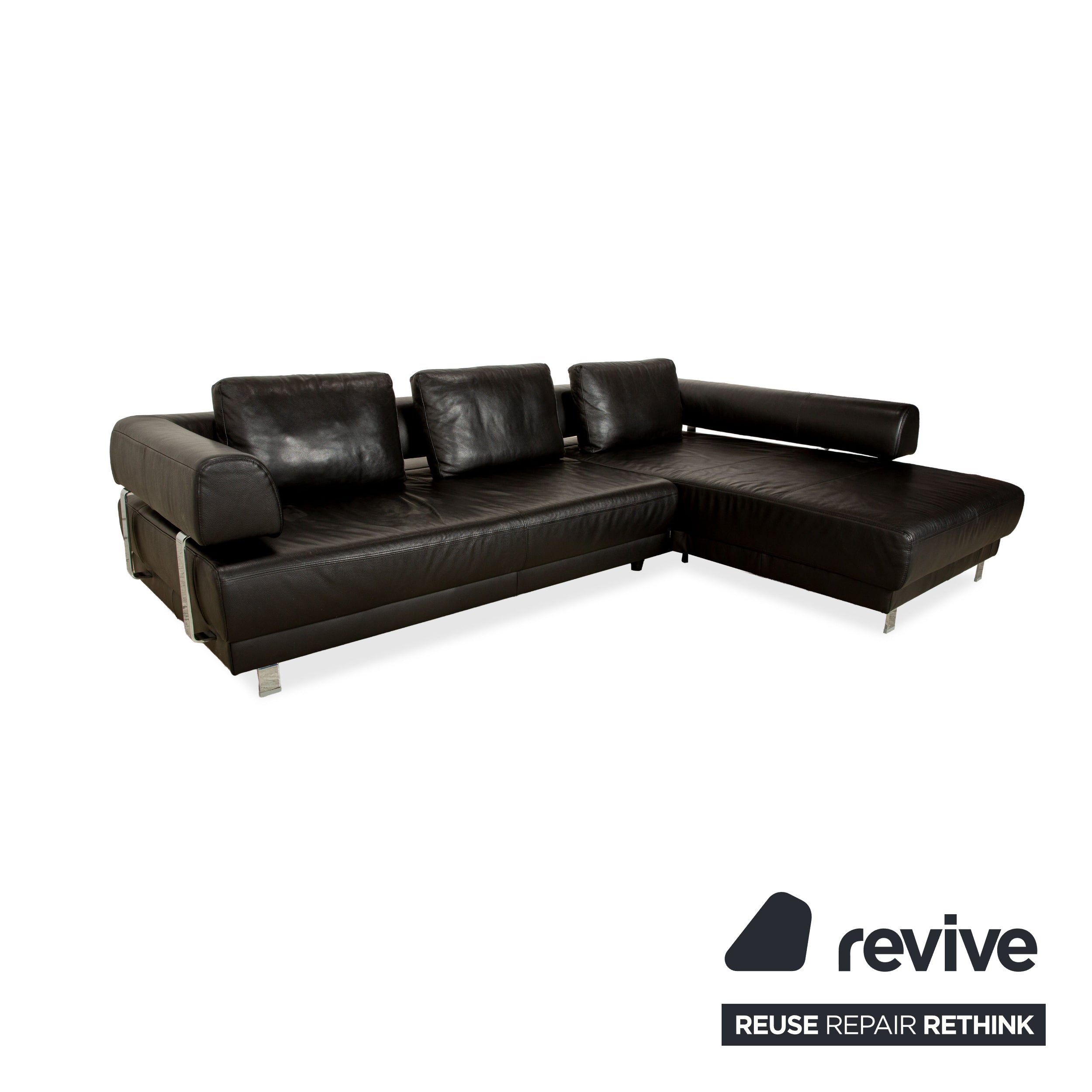 Canapé d'angle en cuir noir Ewald Schillig Brand Face avec méridienne électrique. Canapé droit.