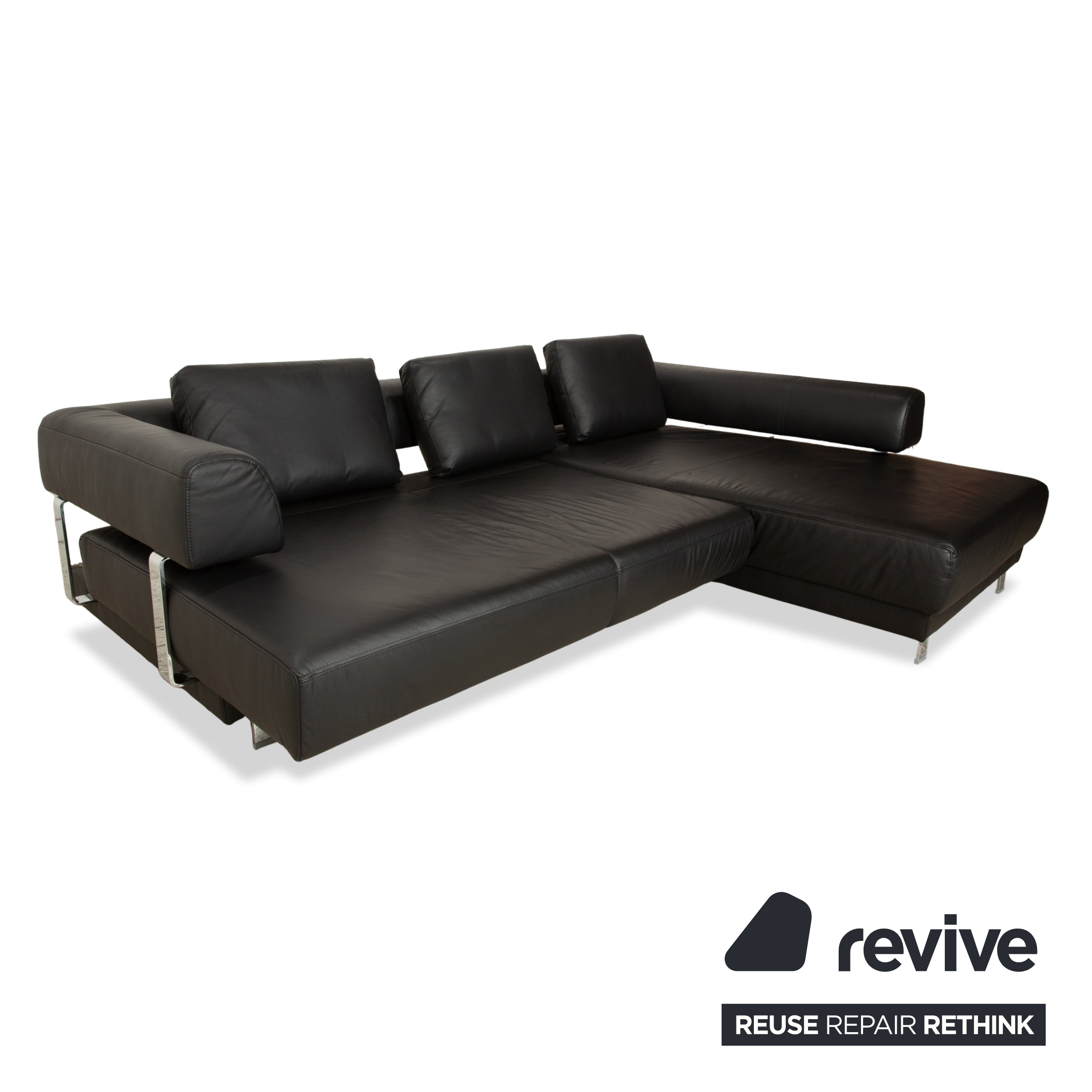 Canapé d'angle droit en cuir noir avec fonction électrique Ewald Schillig