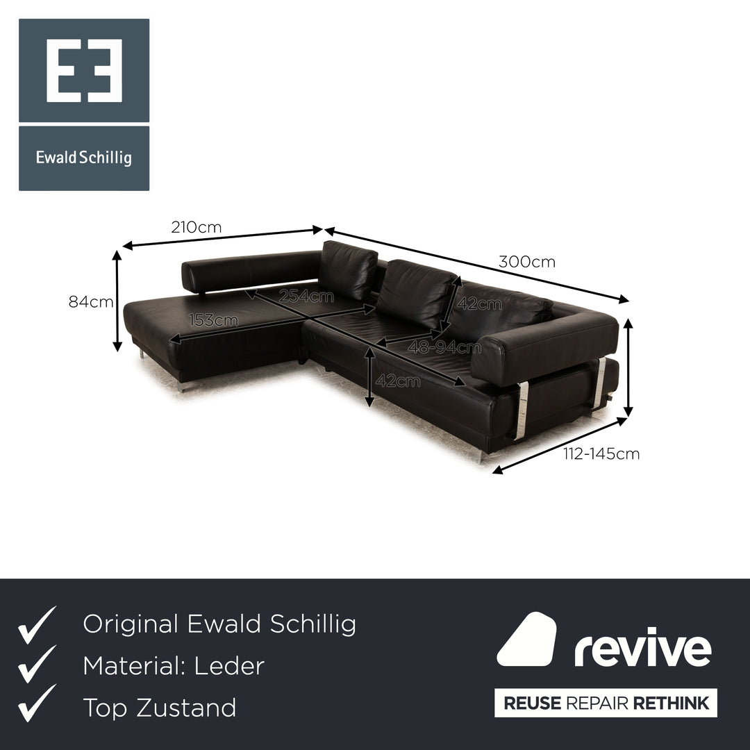 Ewald Schillig Brand Face Leather Corner Sofa Black Recamiere Left Electric Function