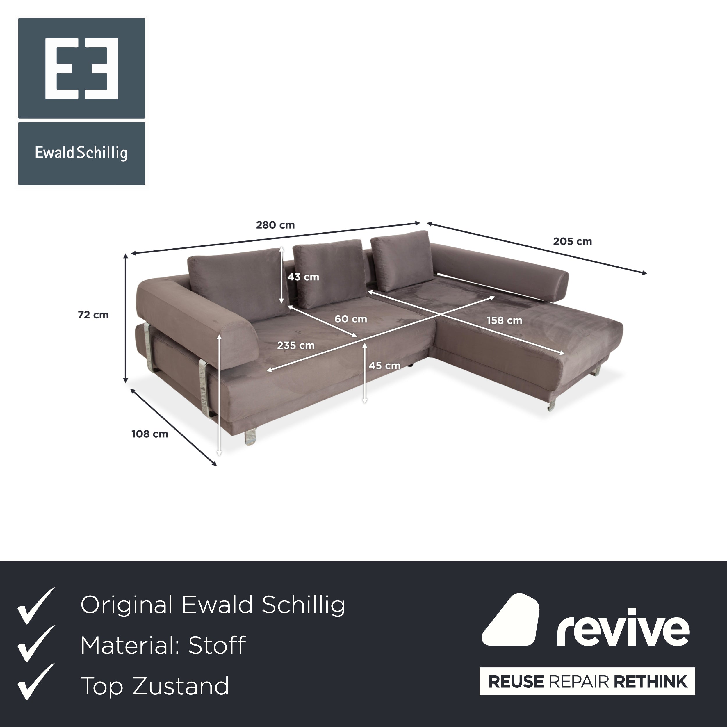 Ewald Schillig Brand Face Canapé d'angle en tissu velours Gris Beige Canapé Canapé