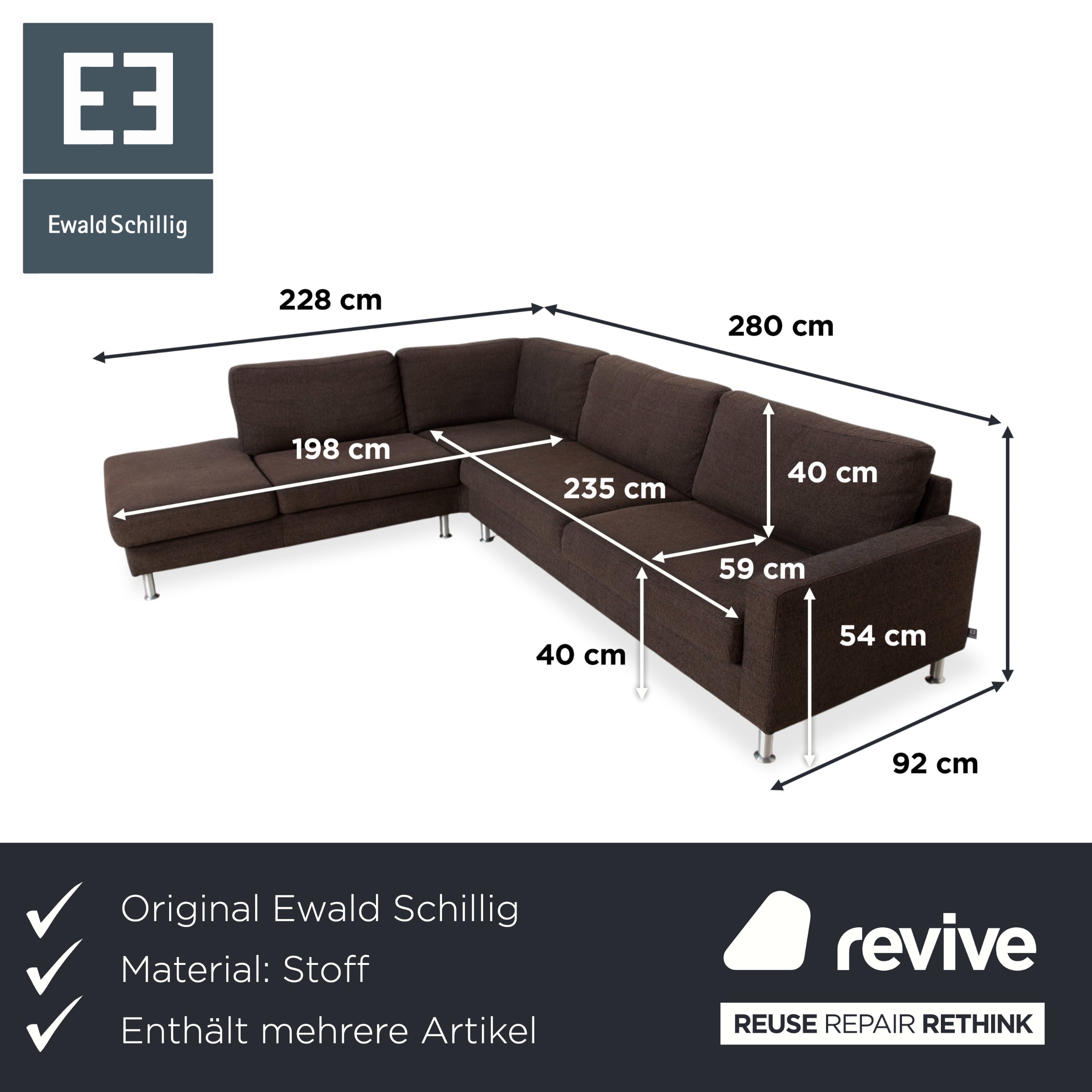 Ewald Schillig Concept Plus Ensemble en tissu Canapé d'angle Pouf Marron Gris Canapé