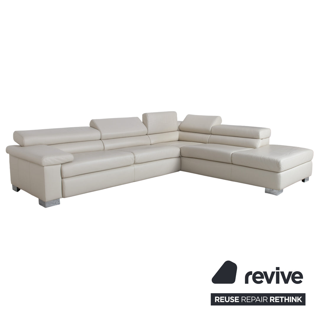 Ewald Schillig Courage Leather Corner Sofa Cream Beige Chrome Recamier right Couch manual function