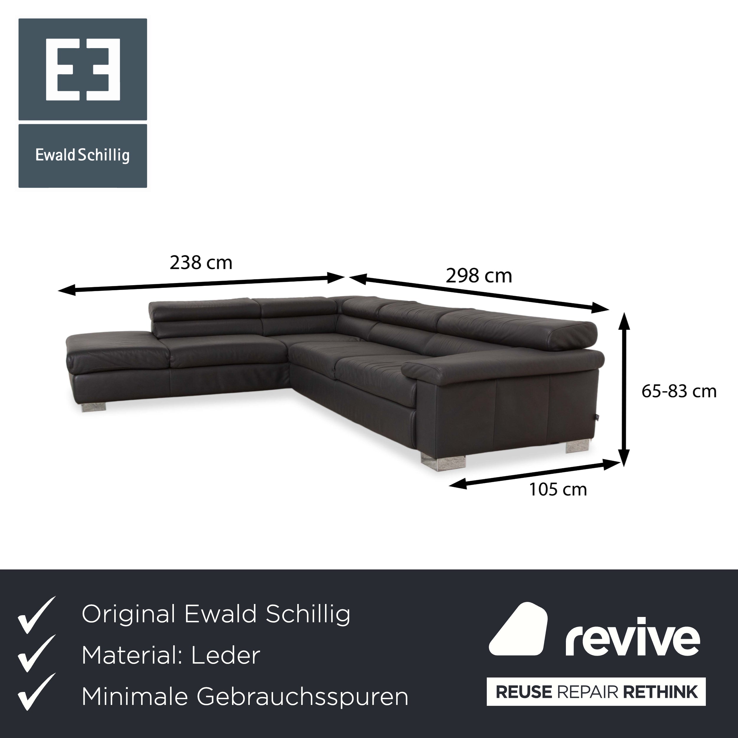 Ewald Schillig Courage Leather Sofa Grey Corner Sofa Couch manual function Recamiere left