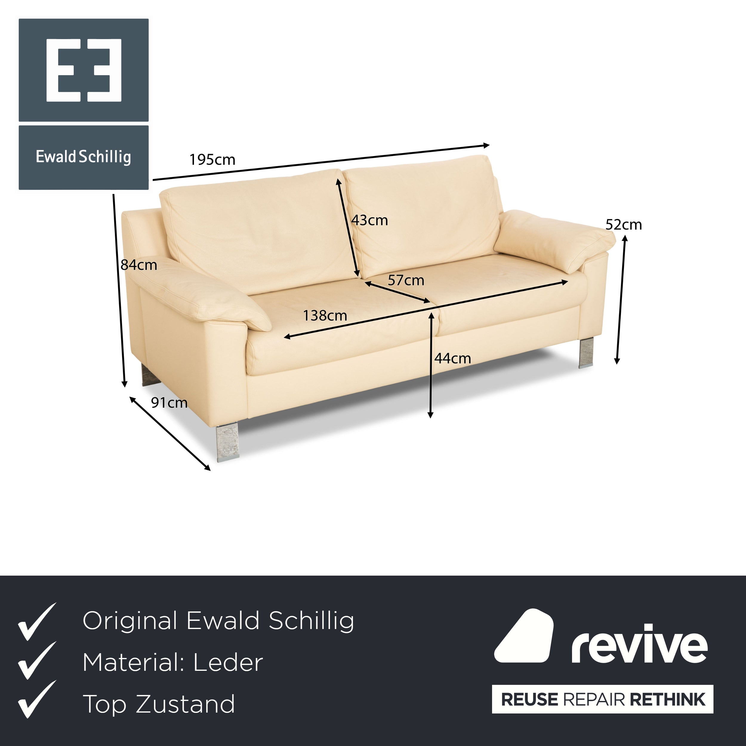 Ewald Schillig Flex Plus Leather Two-Seater Beige Cream Sofa Couch