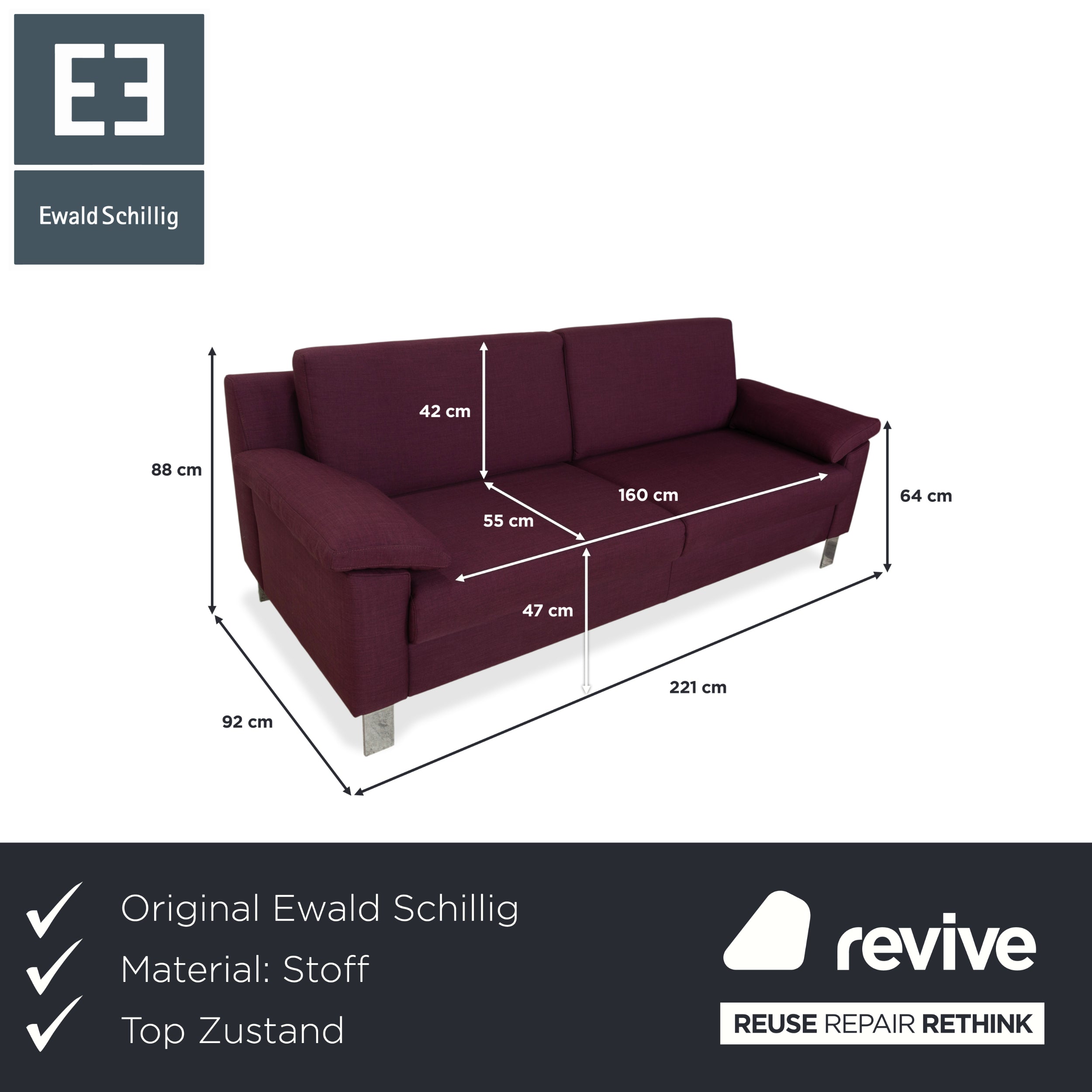 Ewald Schillig Flex Plus Stoff Dreisitzer Lila Aubergine Rot Sofa Couch
