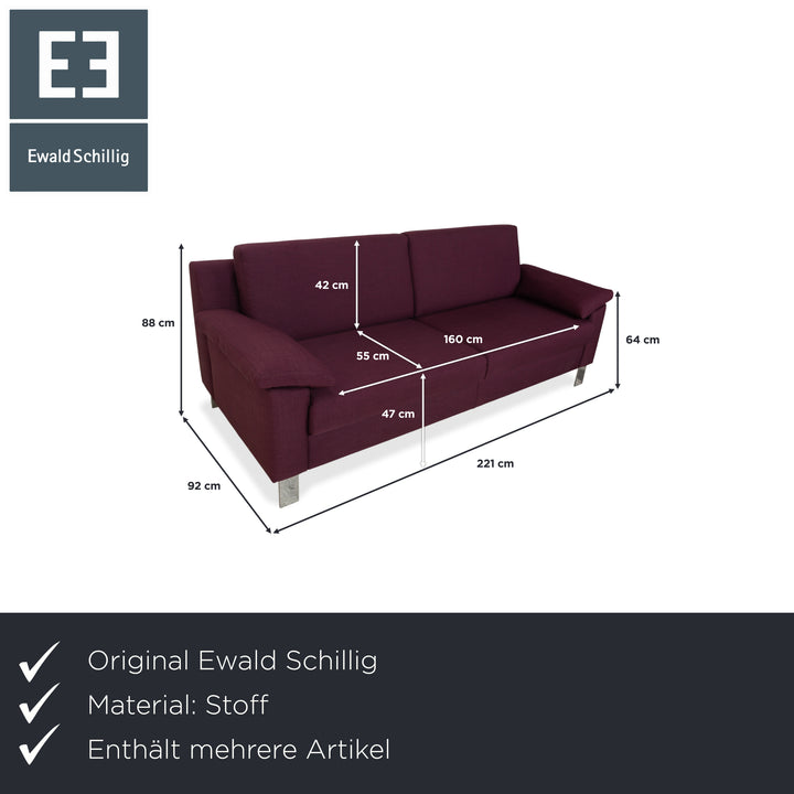 Ewald Schillig Flex Plus fabric three-seater with ottoman, purple, aubergine, red sofa couch