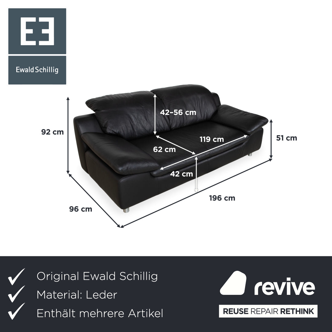 Ewald Schillig Leather Suite Two-Seater Three-Seater Ottoman Black Sofa Couch Manual Function