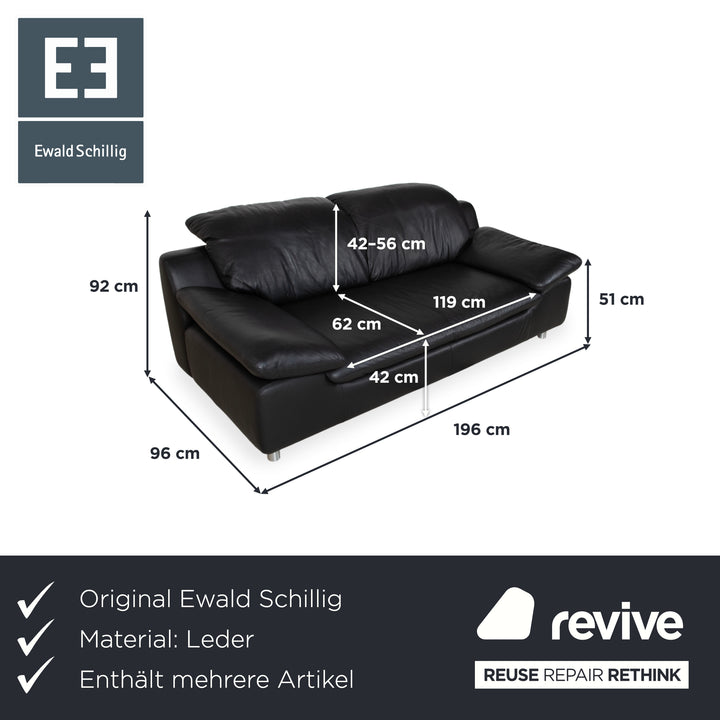 Ewald Schillig Leather Suite Two-Seater Three-Seater Ottoman Black Sofa Couch Manual Function