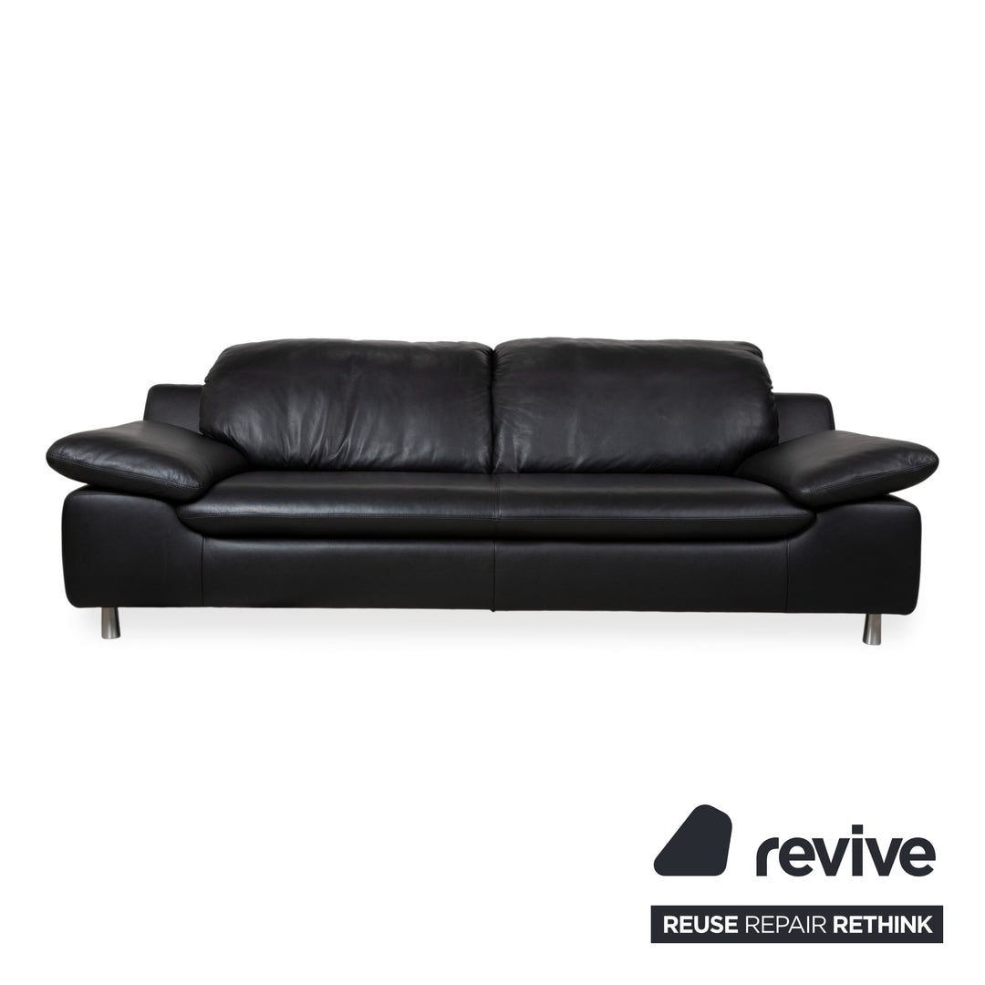 Ewald Schillig Leather Suite Two-Seater Three-Seater Ottoman Black Sofa Couch Manual Function
