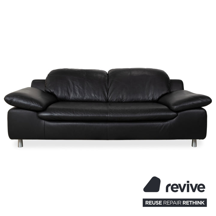 Ewald Schillig Leather Suite Two-Seater Three-Seater Ottoman Black Sofa Couch Manual Function