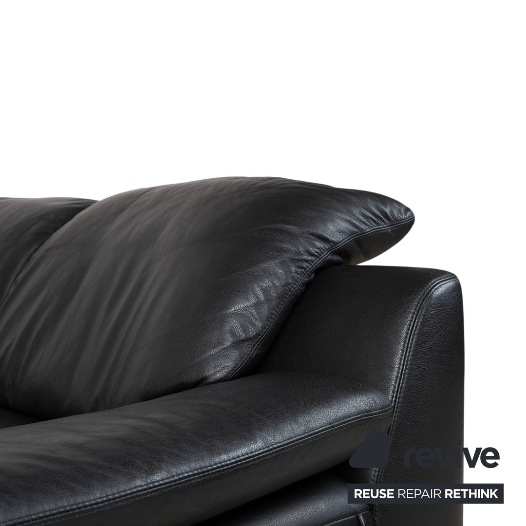 Ewald Schillig Leather Suite Two-Seater Three-Seater Ottoman Black Sofa Couch Manual Function