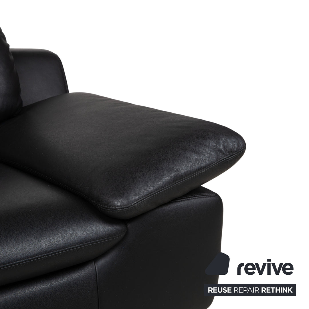 Ewald Schillig Leather Suite Two-Seater Three-Seater Ottoman Black Sofa Couch Manual Function