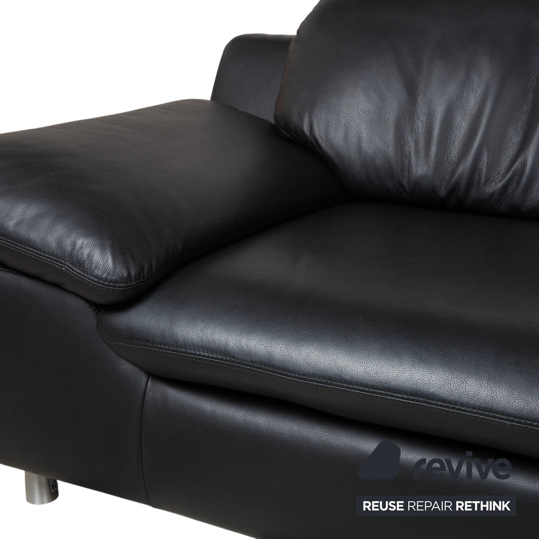 Ewald Schillig Leather Suite Two-Seater Three-Seater Ottoman Black Sofa Couch Manual Function