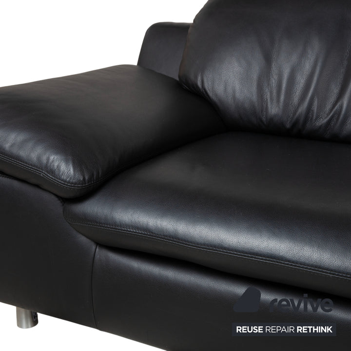Ewald Schillig Leather Suite Two-Seater Three-Seater Ottoman Black Sofa Couch Manual Function