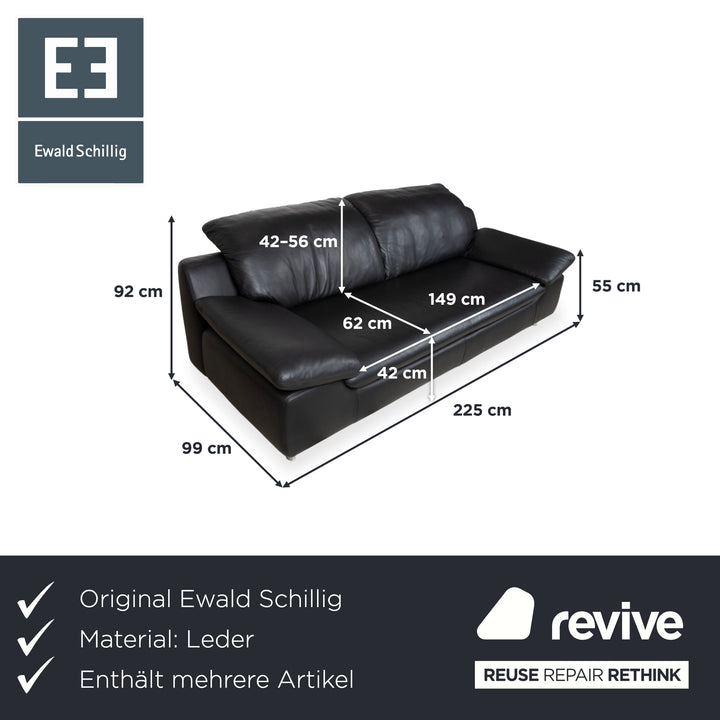 Ewald Schillig Leather Suite Two-Seater Three-Seater Ottoman Black Sofa Couch Manual Function