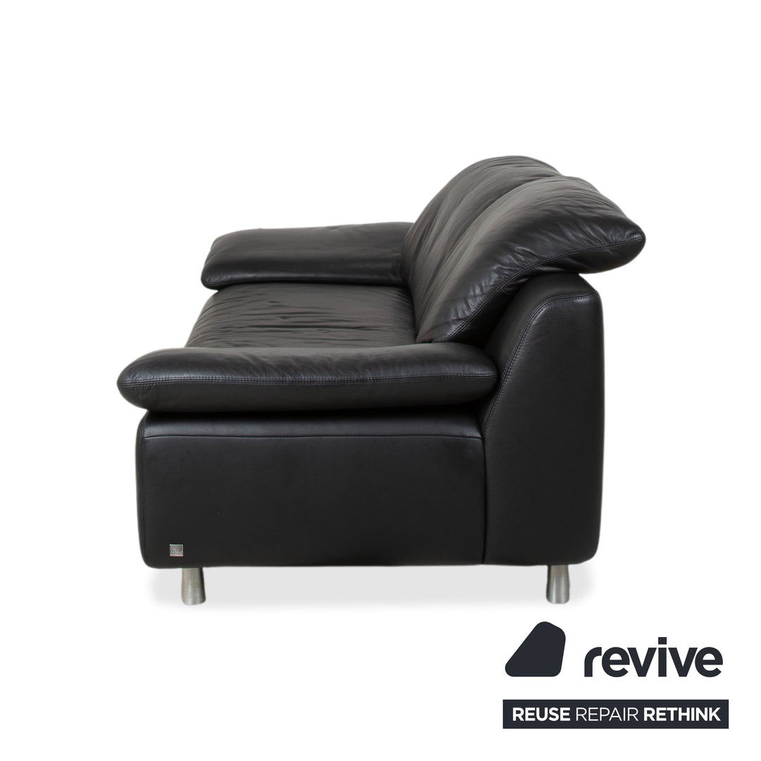 Ewald Schillig Leather Suite Two-Seater Three-Seater Black Sofa Couch Manual Function
