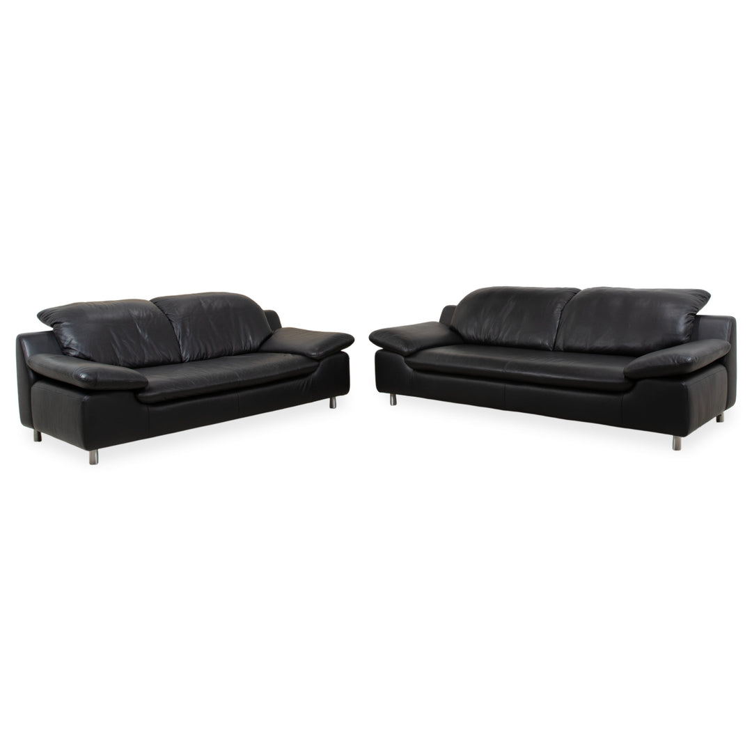 Ewald Schillig Leather Suite Two-Seater Three-Seater Black Sofa Couch Manual Function