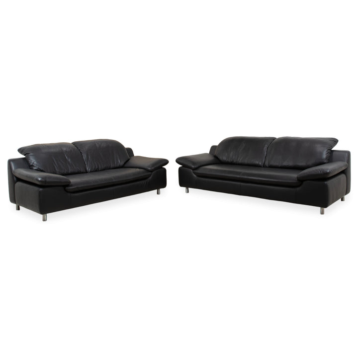 Ewald Schillig Leather Suite Two-Seater Three-Seater Black Sofa Couch Manual Function
