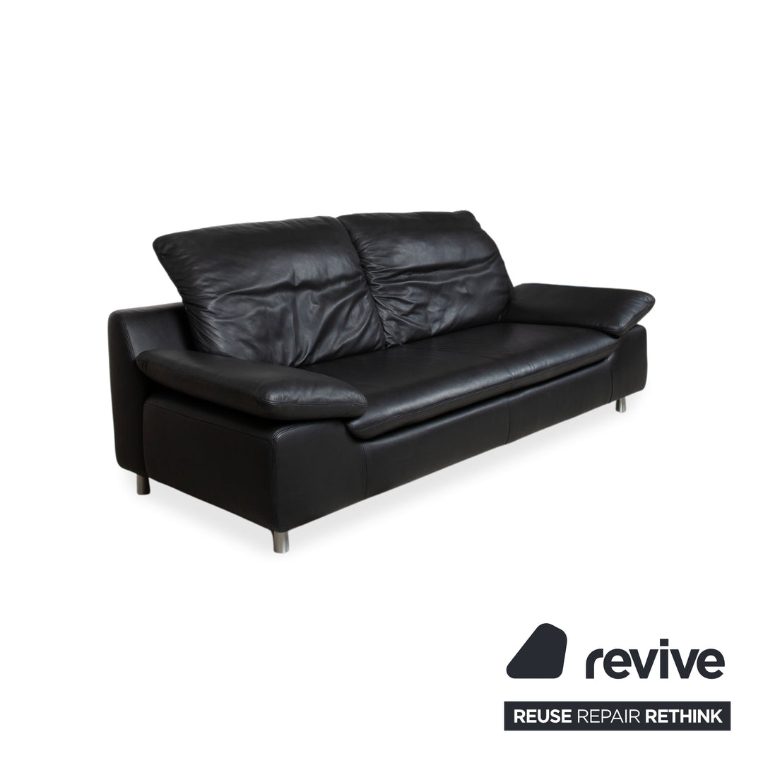 Ewald Schillig Leather Suite Two-Seater Three-Seater Black Sofa Couch Manual Function