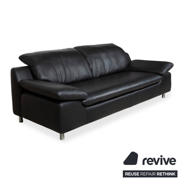 Ewald Schillig Leather Suite Two-Seater Three-Seater Black Sofa Couch Manual Function
