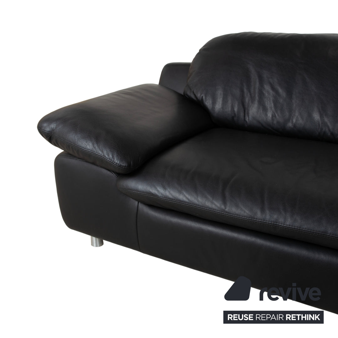 Ewald Schillig Leather Suite Two-Seater Three-Seater Black Sofa Couch Manual Function