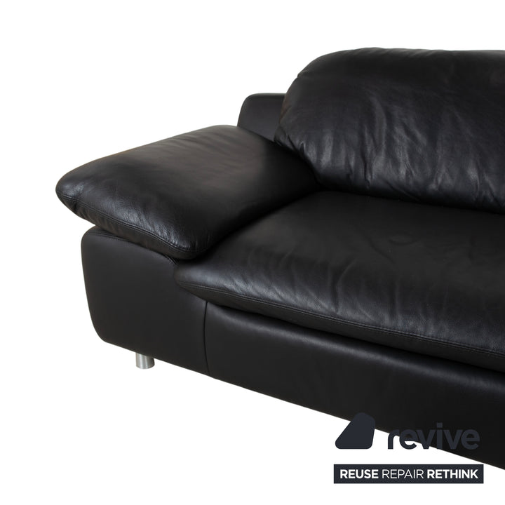 Ewald Schillig Leather Suite Two-Seater Three-Seater Black Sofa Couch Manual Function