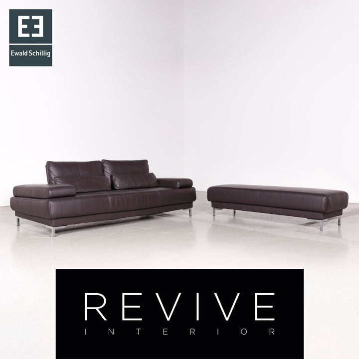 Ewald Schillig Harry Designer Leder Sofa Hocker Garnitur Braun Echtleder Dreisitzer Couch #7587