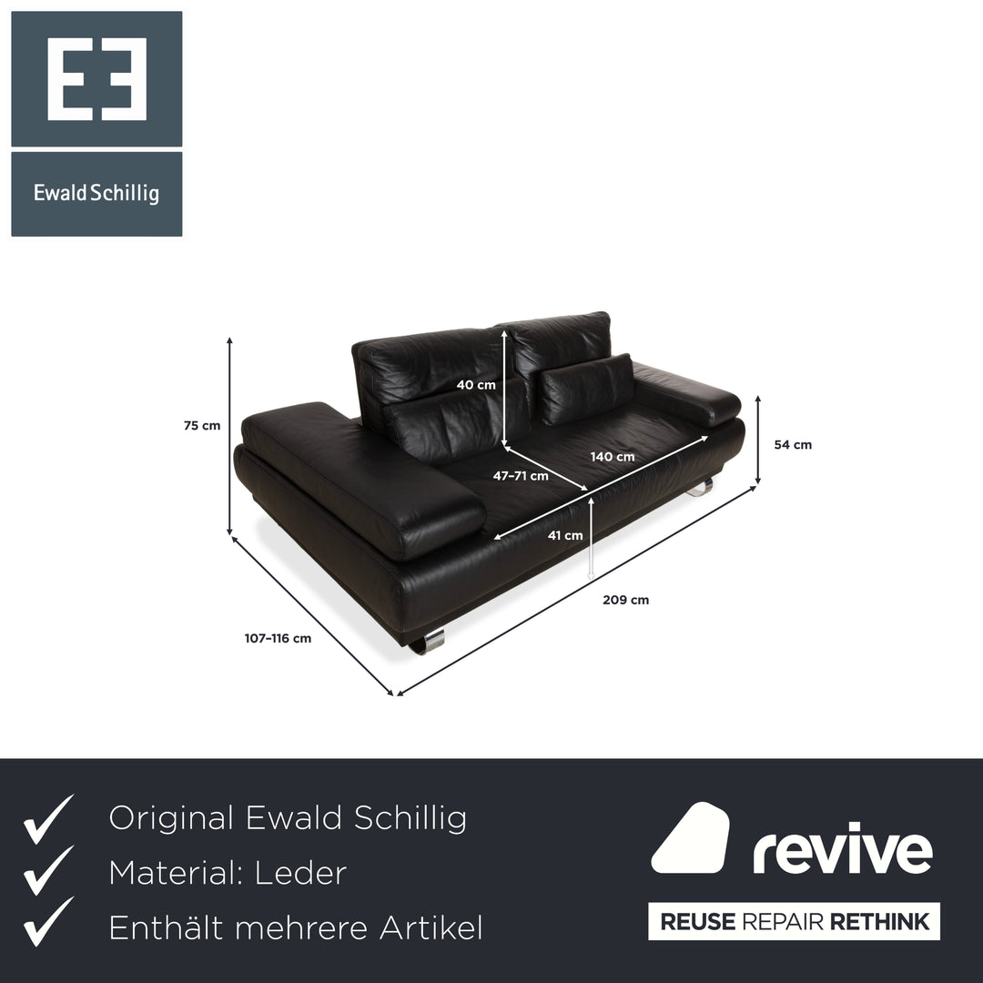 Ewald Schillig Harry Leather Chrome Two-Seater Black Sofa Couch Manual Function