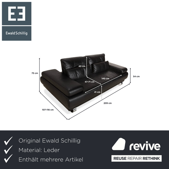 Ewald Schillig Harry Leather Chrome Two-Seater Black Sofa Couch Manual Function