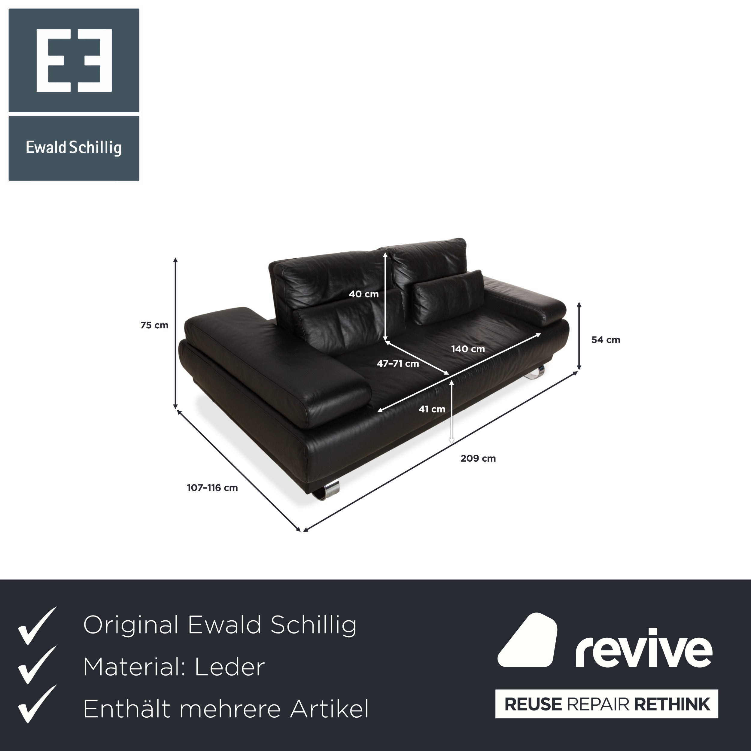 Ewald Schillig Harry Leder Chrom Zweisitzer Schwarz Sofa Couch manuelle Funktion
