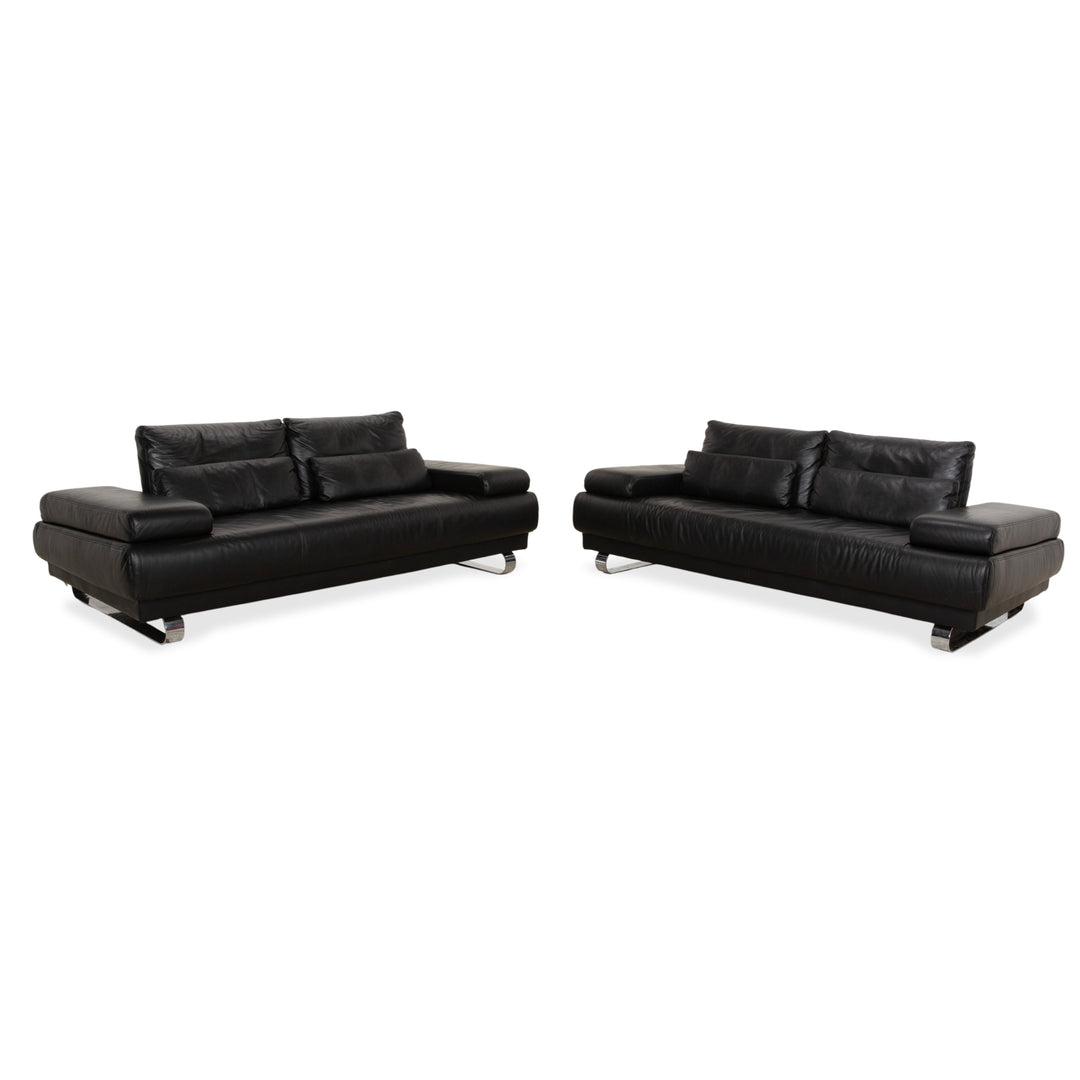Ewald Schillig Harry Leather Chrome Two-Seater Black Sofa Couch Manual Function
