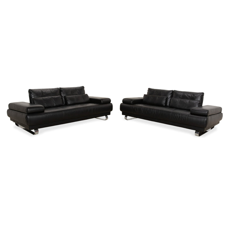 Ewald Schillig Harry Leather Chrome Two-Seater Black Sofa Couch Manual Function