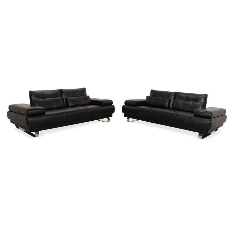 Ewald Schillig Harry Leather Chrome Two-Seater Black Sofa Couch Manual Function