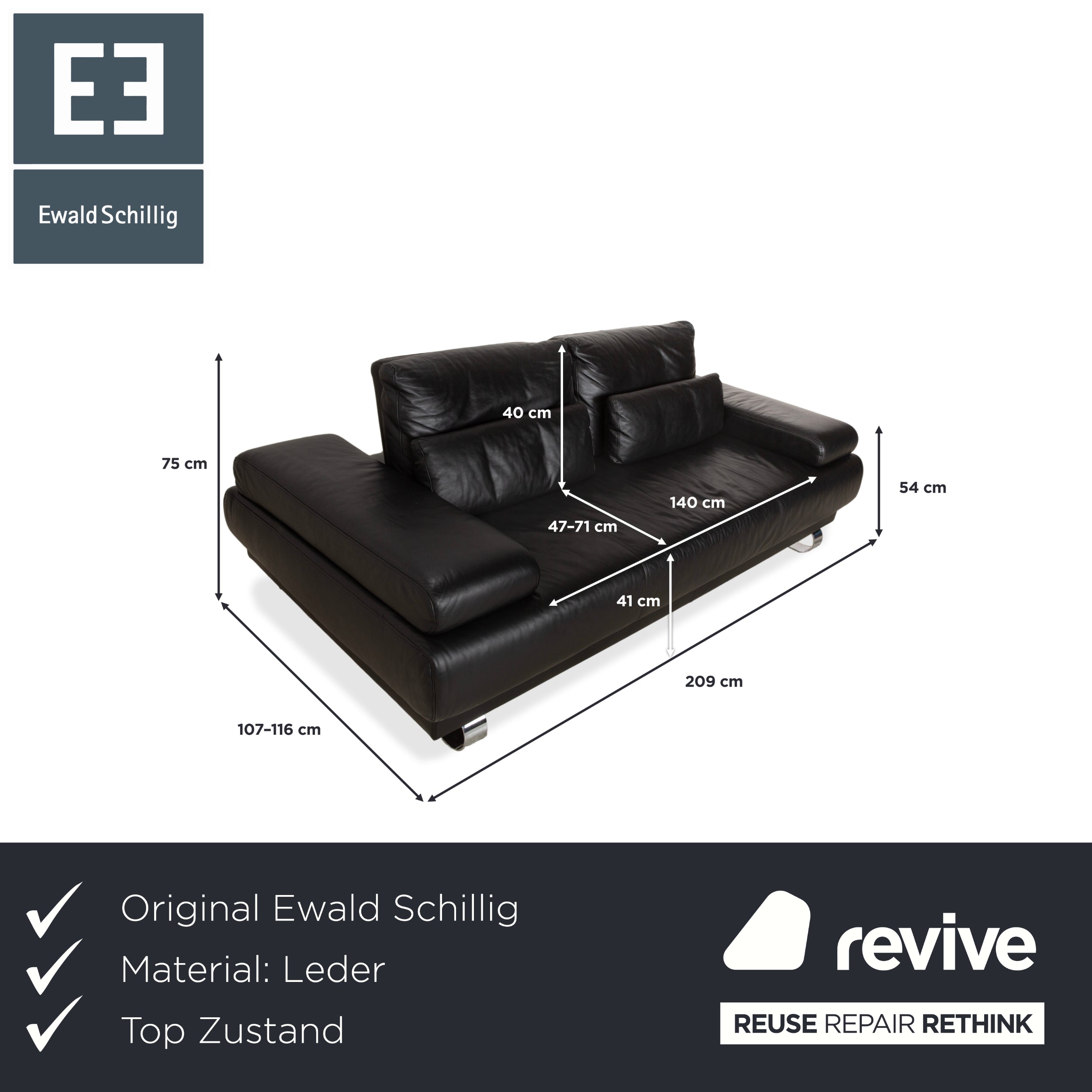 Ewald Schillig Harry Leder Chrom Zweisitzer Schwarz Sofa Couch manuelle Funktion