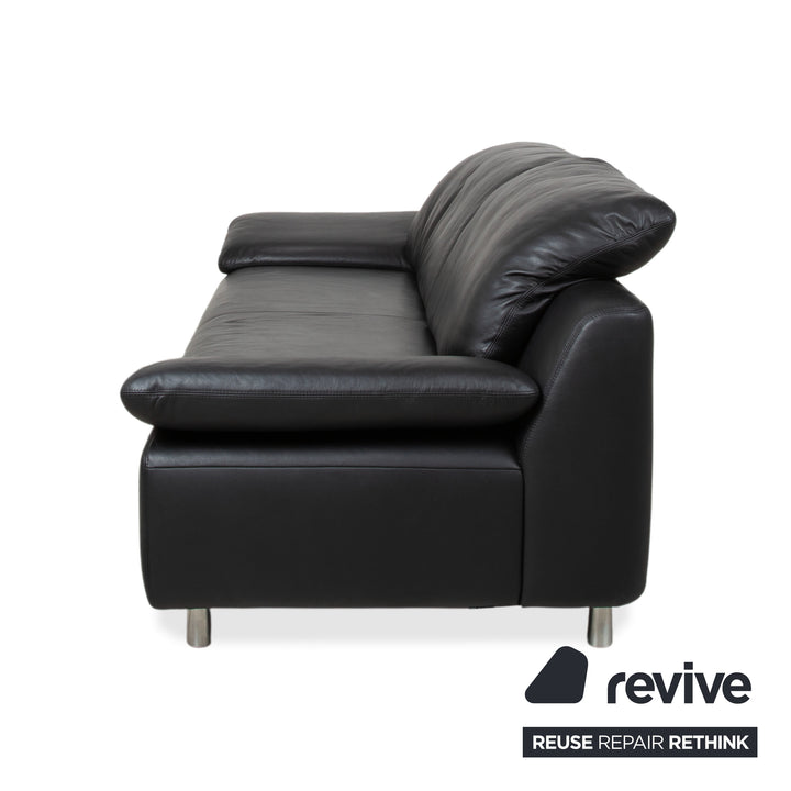 Ewald Schillig Leather Three-Seater Black Sofa Couch Manual Function