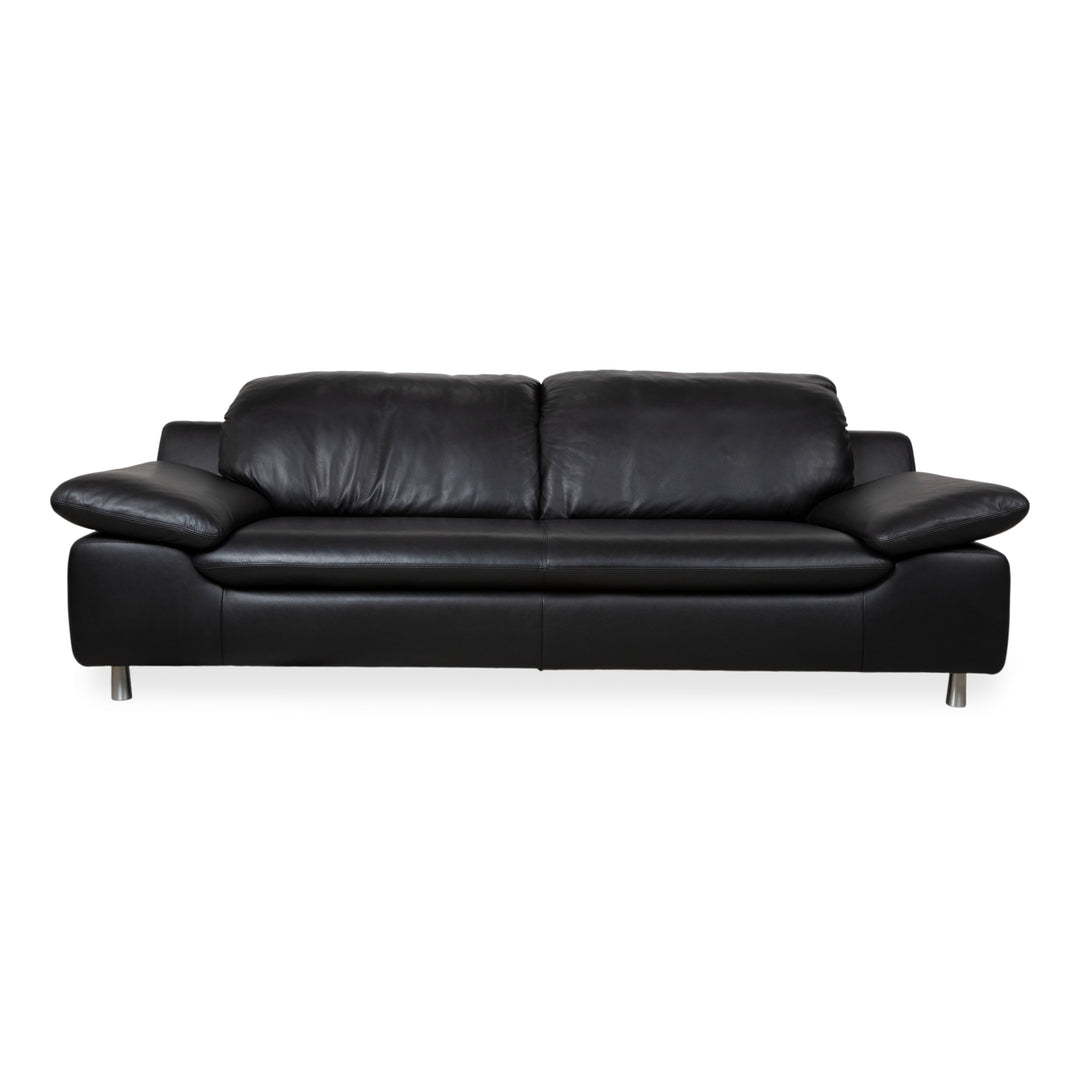 Ewald Schillig Leather Three-Seater Black Sofa Couch Manual Function