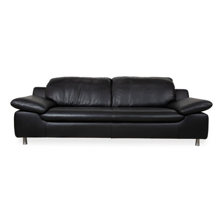 Ewald Schillig Leather Three-Seater Black Sofa Couch Manual Function